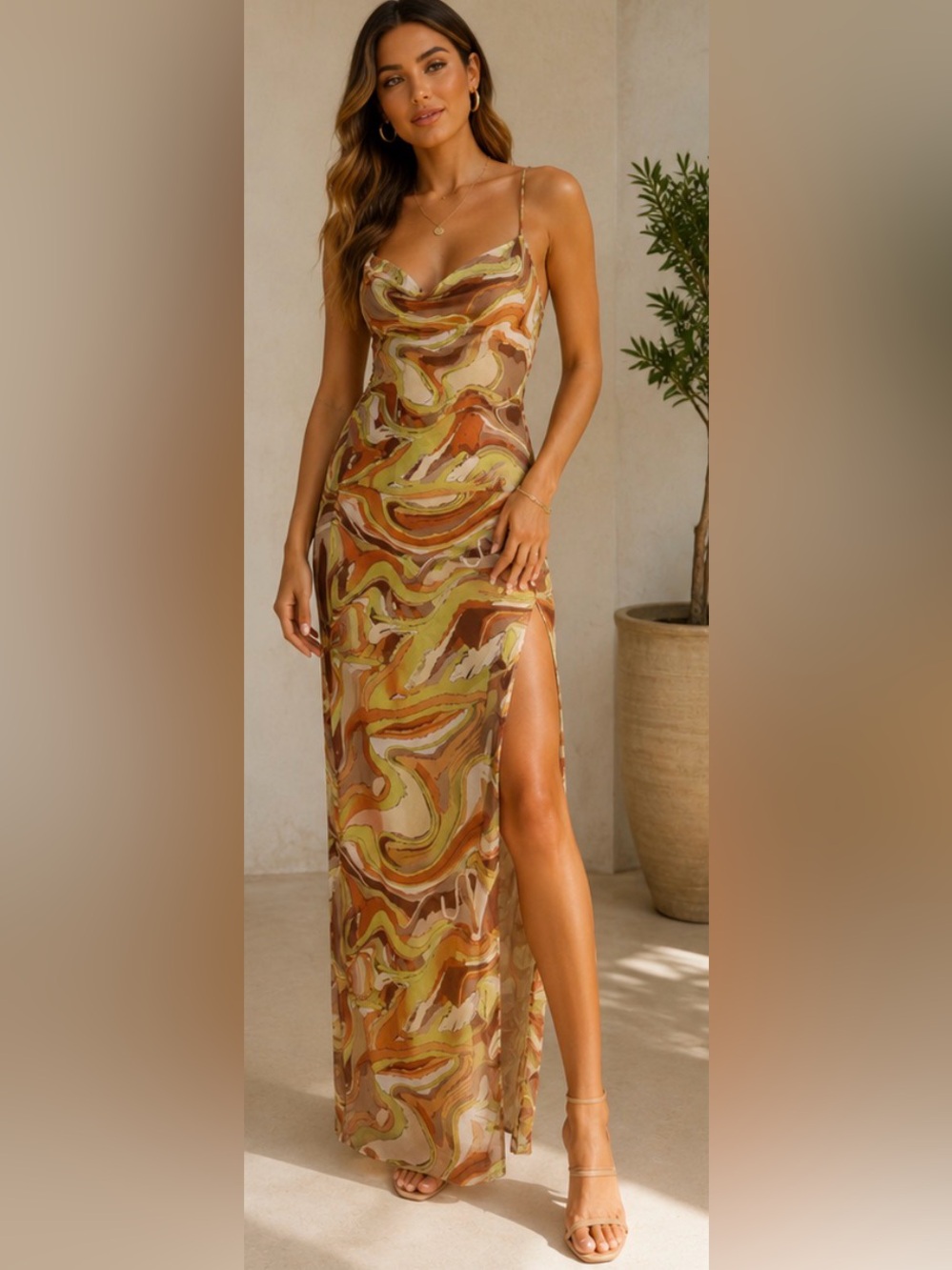 511 NWT PrettyLittleThing Abstract Print Mesh Maxi Dress 14 Cowl Neck Stretch